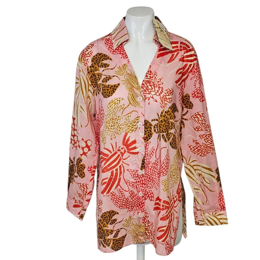 Farm Rio x Anthropologie Long-Sleeve Printed Buttondown Shirt Cheetah Lobster, S